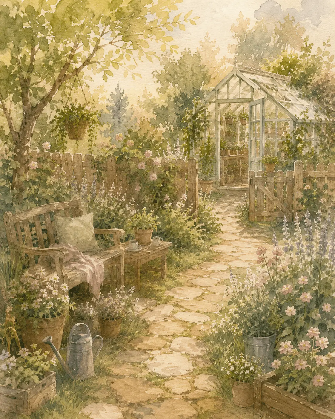 有石板步道、木椅與茂密植栽的溫暖室內花園